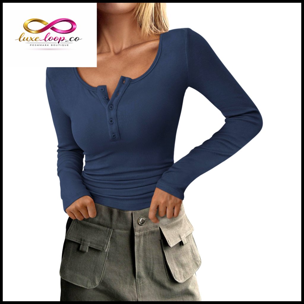 Slim Fit Ribbed Knit Henley Top Long Sleeve Basic Casual Chic Fall